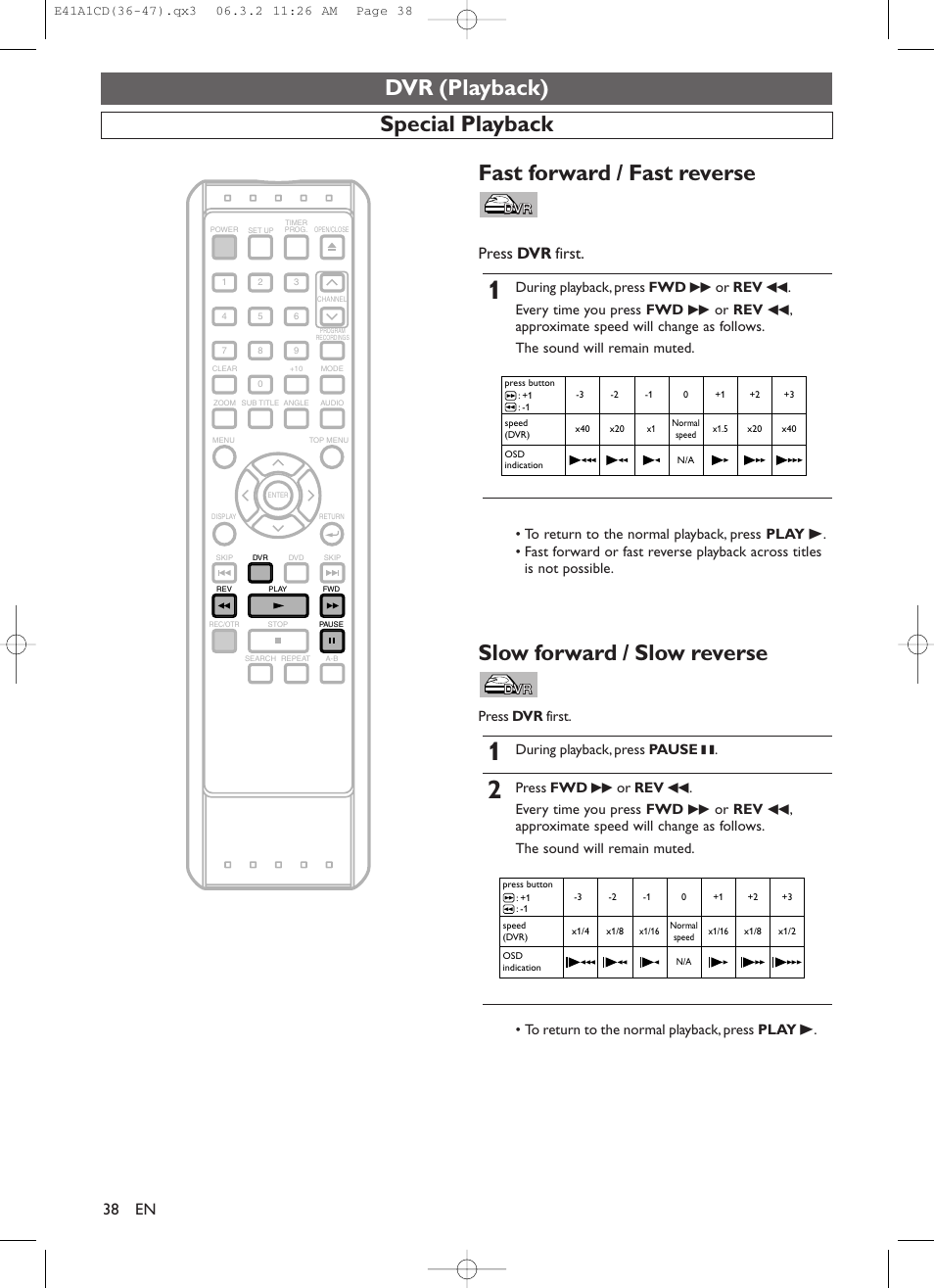 Fast forward / fast reverse, Dvr (playback), Special playback slow forward / slow reverse | Press dvr first, During playback, press pause k | Symphonic CHSP80G User Manual | Page 38 / 96