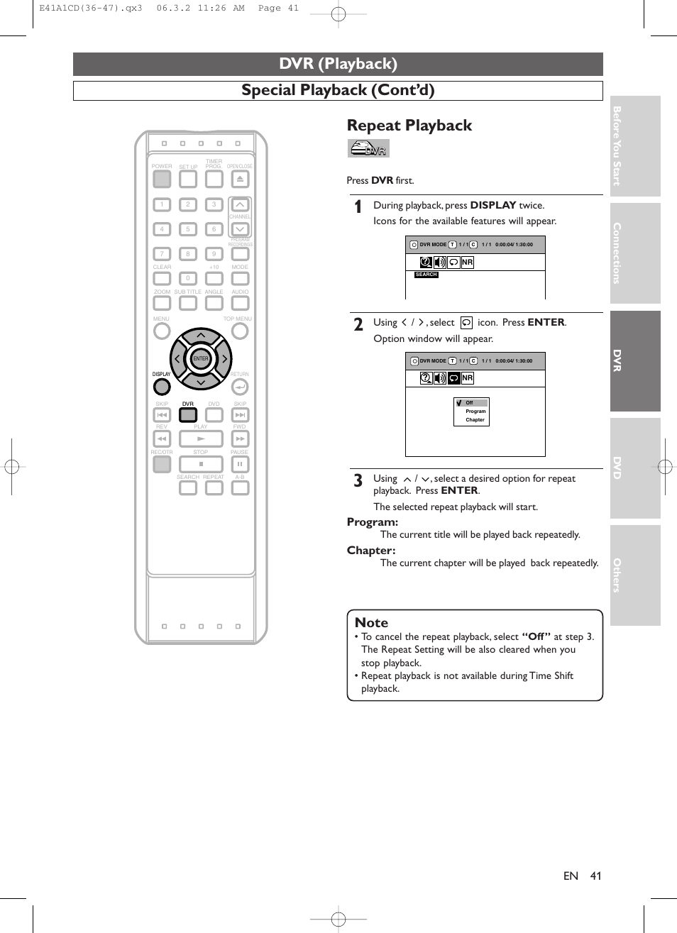 Special playback (cont’d), Repeat playback, Dvr (playback) | Program, Chapter, Press dvr first, The current title will be played back repeatedly, The current chapter will be played back repeatedly, Connections dv r dv d others bef o re y ou star t | Symphonic CHSP80G User Manual | Page 41 / 96
