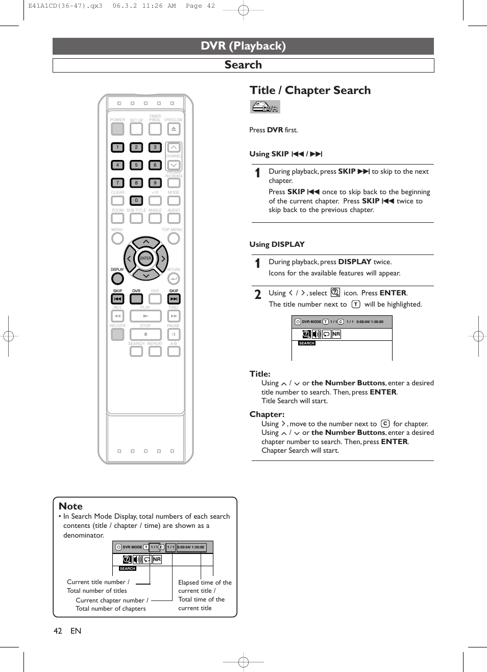 Dvr (playback), Title / chapter search, Search | Title, Chapter, Press dvr first. using skip h / g | Symphonic CHSP80G User Manual | Page 42 / 96