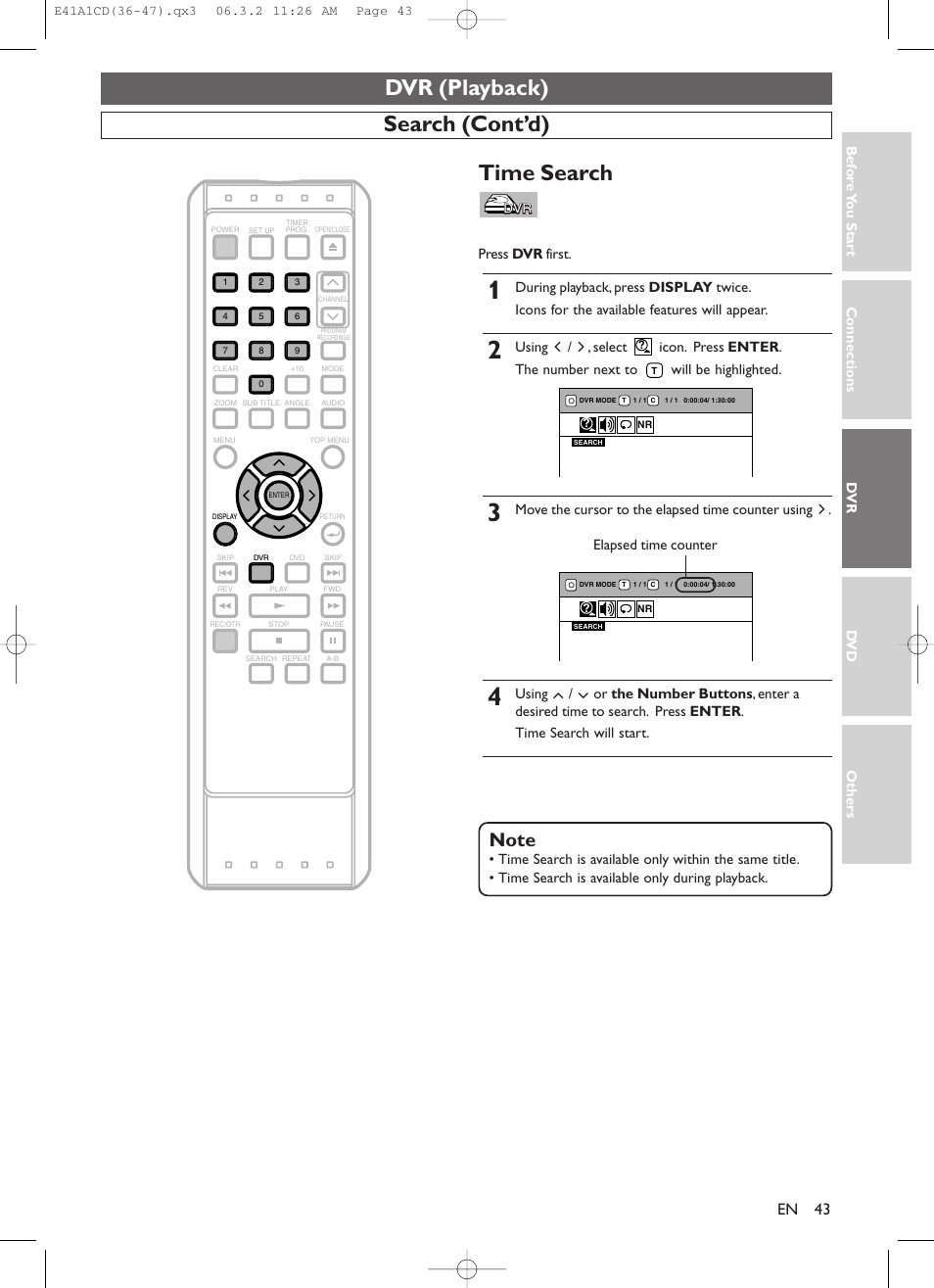 Search (cont’d) time search, Dvr (playback), Press dvr first | Move the cursor to the elapsed time counter using, Connections dv r dv d others bef o re y ou star t | Symphonic CHSP80G User Manual | Page 43 / 96