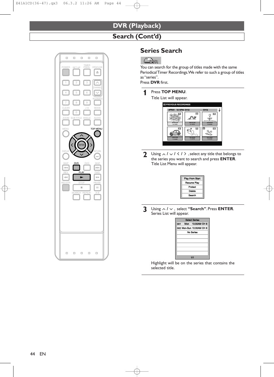 Dvr (playback), Search (cont’d), Series search | Press top menu . title list will appear | Symphonic CHSP80G User Manual | Page 44 / 96