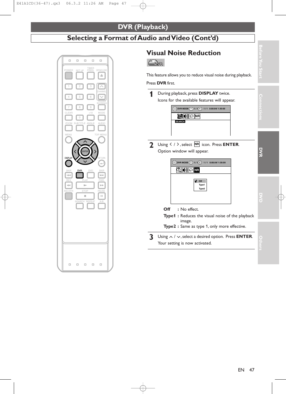 Dvr (playback), Visual noise reduction, Selecting a format of audio and video (cont’d) | Connections dv r dv d others bef o re y ou star t | Symphonic CHSP80G User Manual | Page 47 / 96