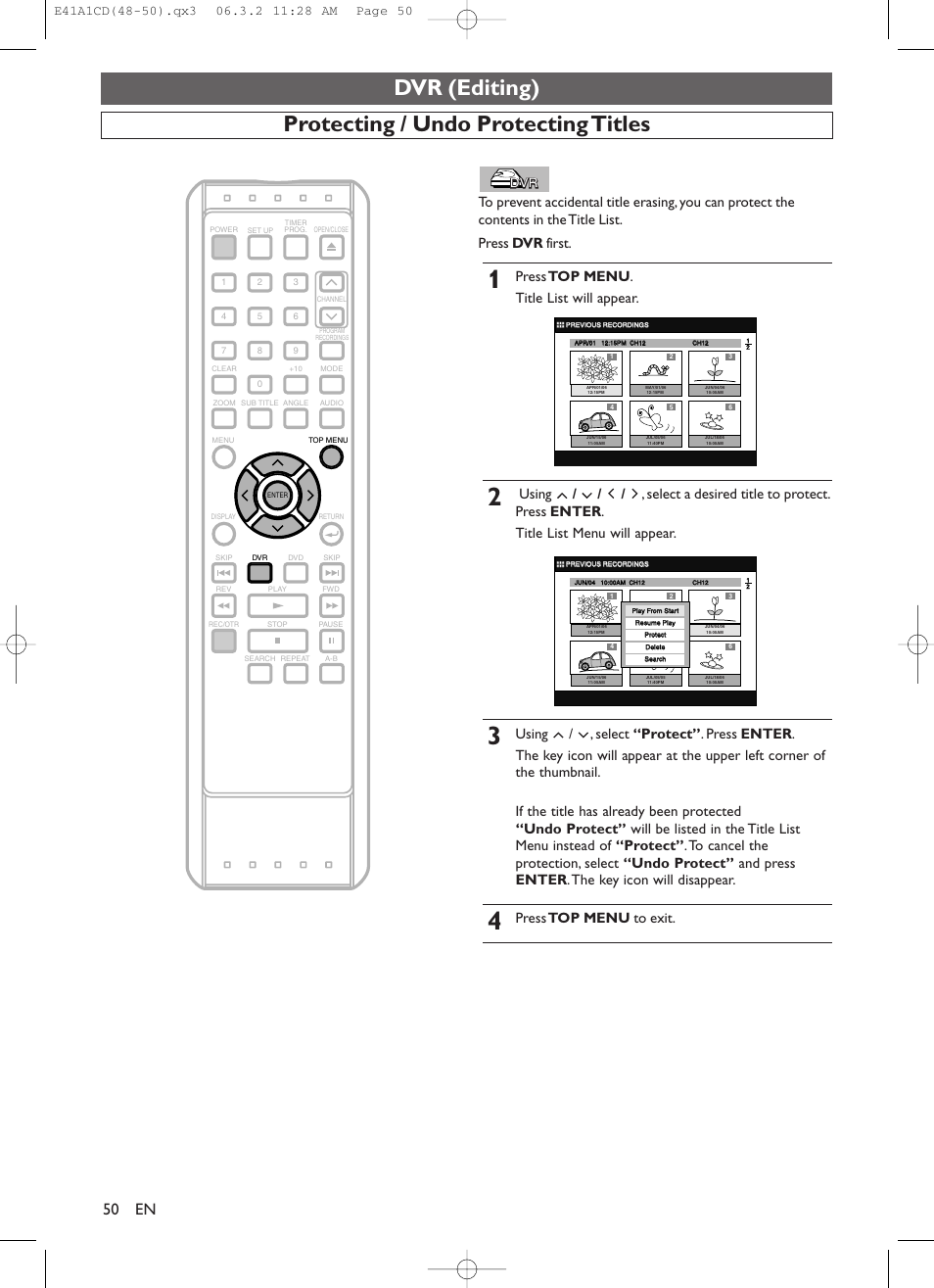 Dvr (editing), Protecting / undo protecting titles, Press top menu . title list will appear | Press top menu to exit | Symphonic CHSP80G User Manual | Page 50 / 96