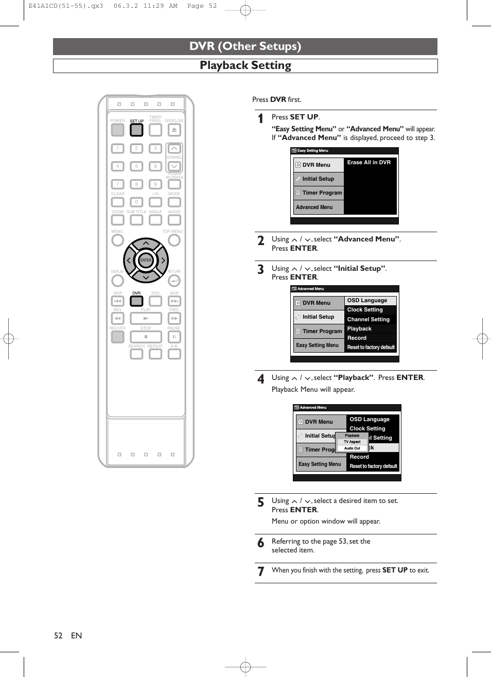 Dvr (other setups), Playback setting, Press dvr first | Using / , select “advanced menu” . press enter, Using / , select “initial setup” . press enter, Referring to the page 53, set the selected item | Symphonic CHSP80G User Manual | Page 52 / 96