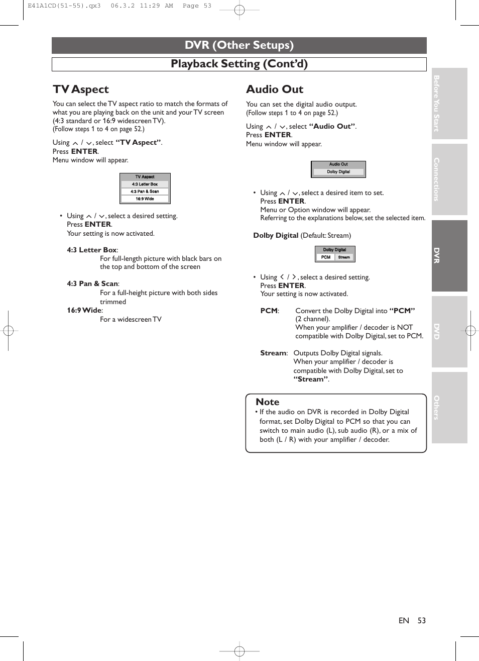Dvr (other setups), Playback setting (cont’d) audio out, Tv aspect | Symphonic CHSP80G User Manual | Page 53 / 96