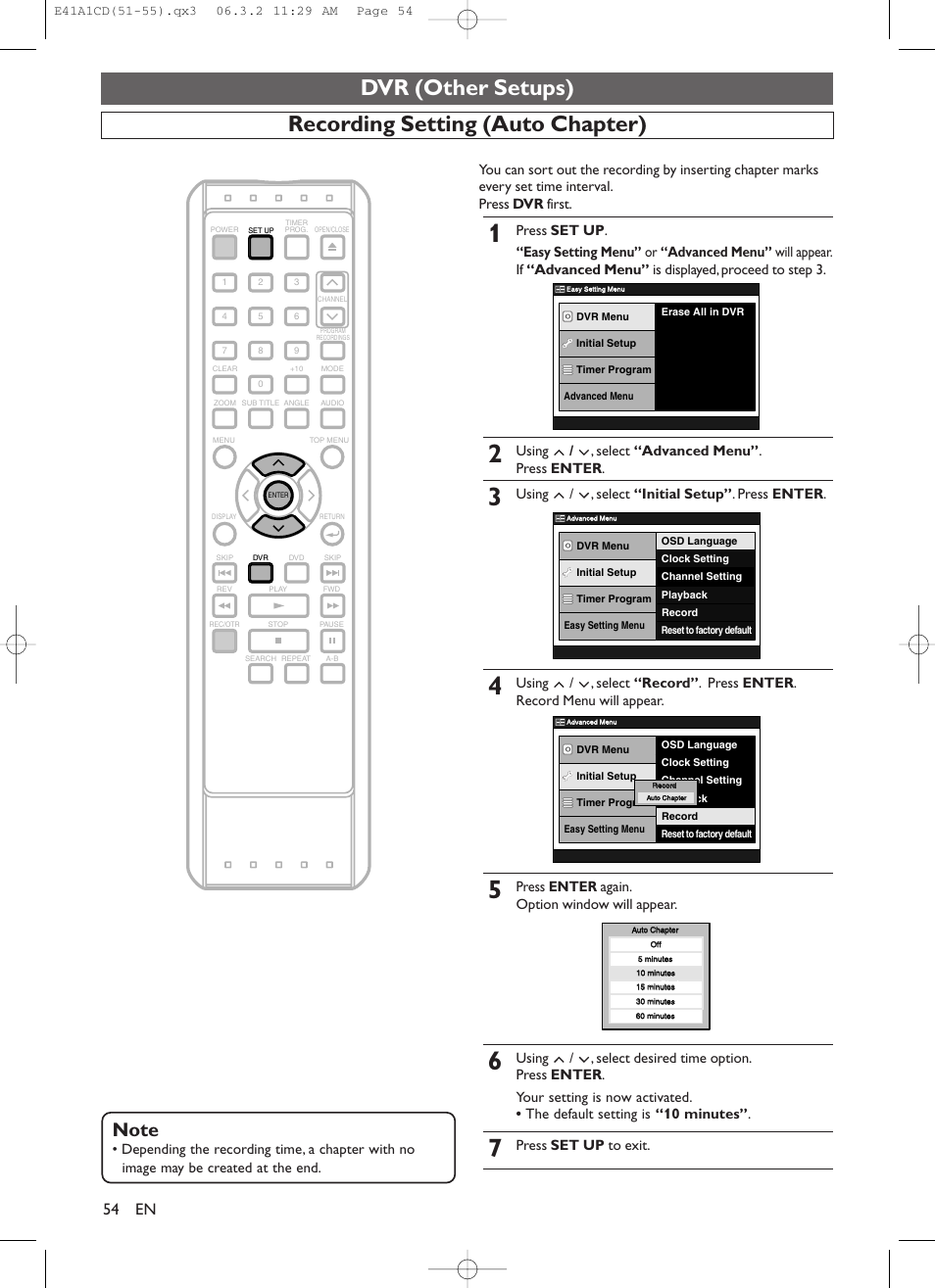 Dvr (other setups), Recording setting (auto chapter), Using / , select “advanced menu” . press enter | Using / , select “initial setup” . press enter, Press enter again. option window will appear, Press set up to exit | Symphonic CHSP80G User Manual | Page 54 / 96