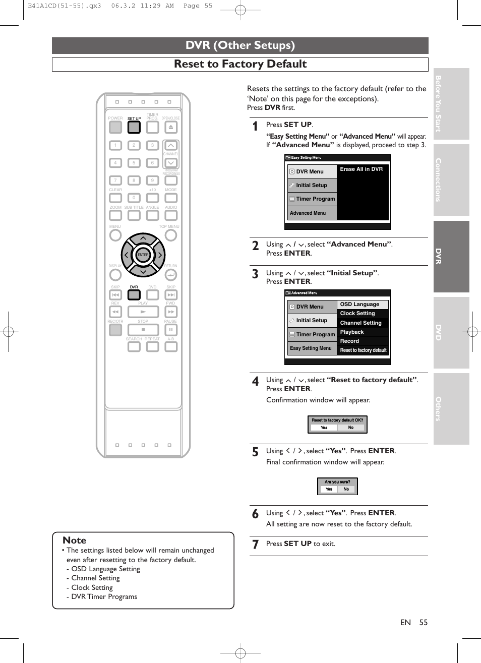 Dvr (other setups), Reset to factory default | Symphonic CHSP80G User Manual | Page 55 / 96