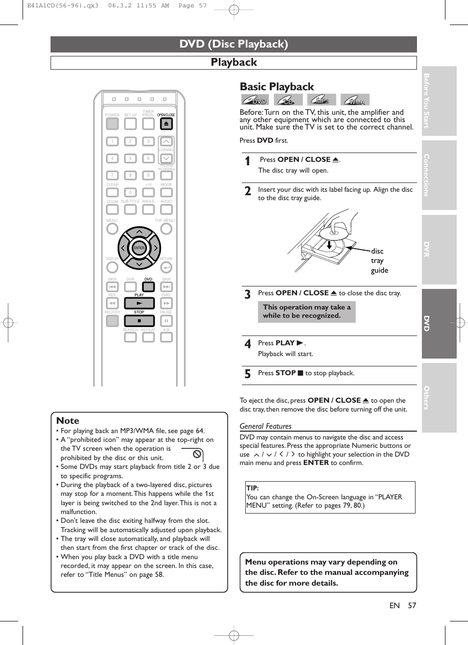Dvd (disc playback), Playback, Basic playback | General features, Disc tray guide | Symphonic CHSP80G User Manual | Page 57 / 96