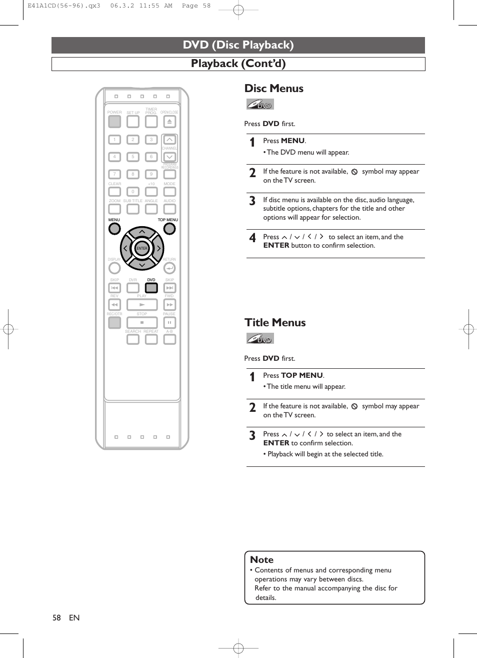 Dvd (disc playback), Playback (cont’d), Disc menus | Title menus | Symphonic CHSP80G User Manual | Page 58 / 96