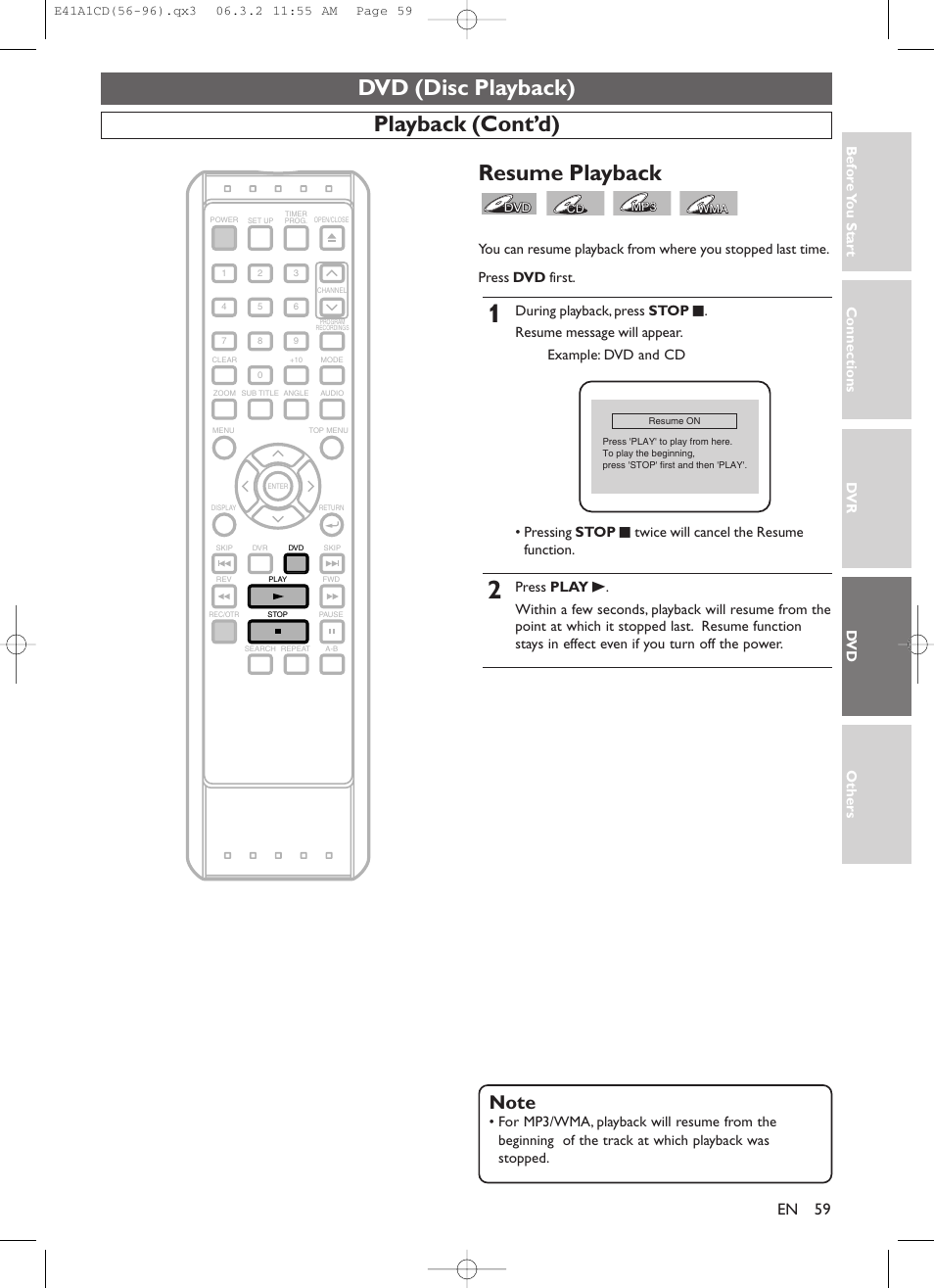 Dvd (disc playback), Playback (cont’d), Resume playback | Connections dv r dv d others bef o re y ou star t | Symphonic CHSP80G User Manual | Page 59 / 96