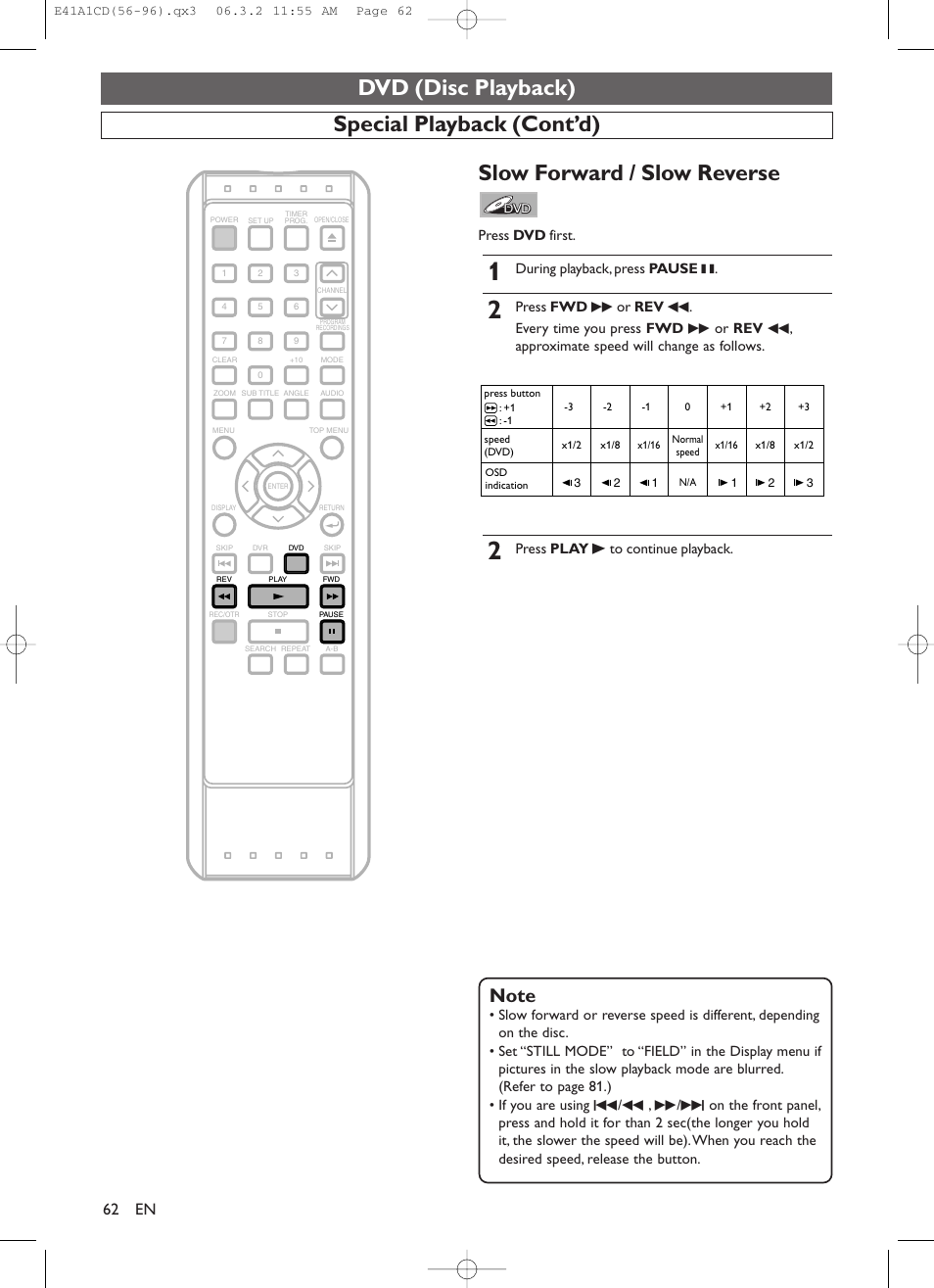 Dvd (disc playback), Special playback (cont’d), Slow forward / slow reverse | Press dvd first, During playback, press pause k, Press play b to continue playback | Symphonic CHSP80G User Manual | Page 62 / 96