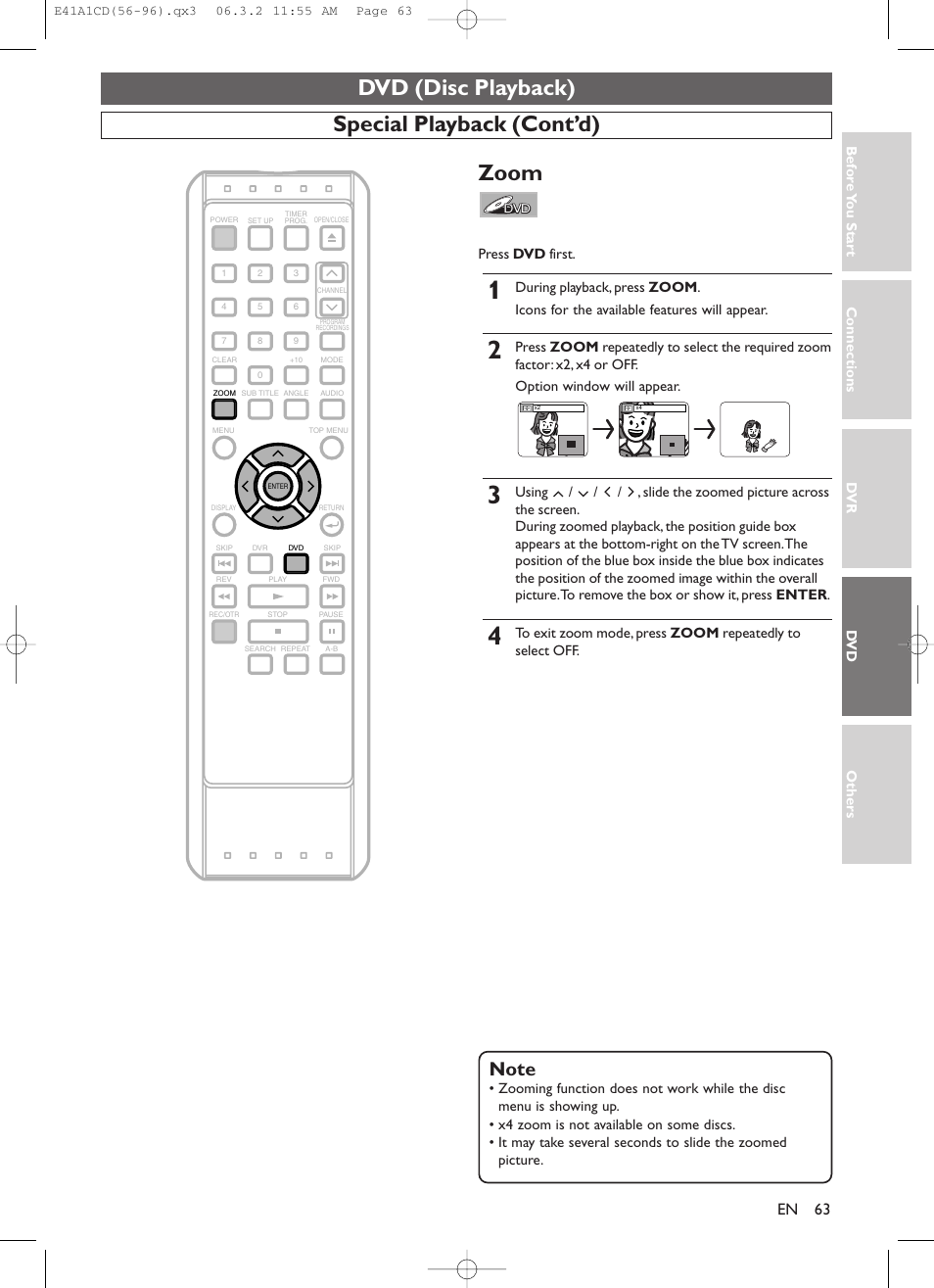 Dvd (disc playback), Special playback (cont’d), Zoom | Symphonic CHSP80G User Manual | Page 63 / 96