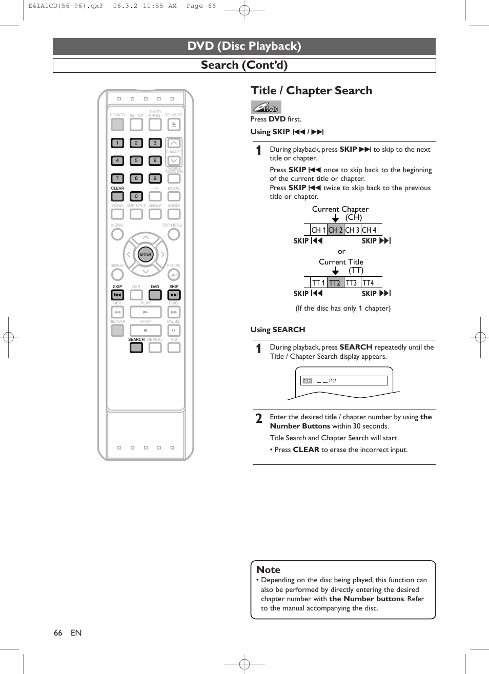 Dvd (disc playback), Search (cont’d), Title / chapter search | Press dvd first . using skip h / g | Symphonic CHSP80G User Manual | Page 66 / 96