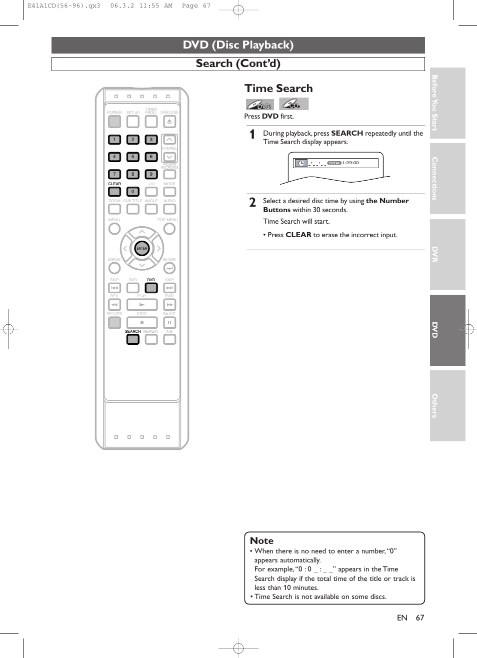 Dvd (disc playback), Search (cont’d), Time search | Connections dv r dv d others bef o re y ou star t, Press dvd first | Symphonic CHSP80G User Manual | Page 67 / 96