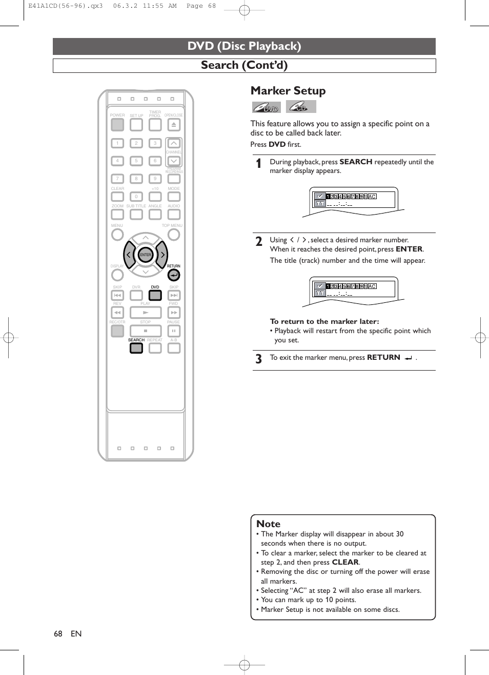 Dvd (disc playback), Search (cont’d), Marker setup | Press dvd first | Symphonic CHSP80G User Manual | Page 68 / 96