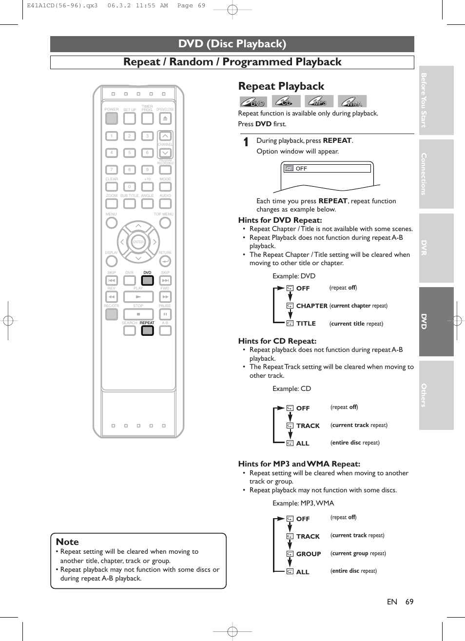 Dvd (disc playback), Repeat / random / programmed playback, Repeat playback | Hints for dvd repeat, Hints for cd repeat, Hints for mp3 and wma repeat | Symphonic CHSP80G User Manual | Page 69 / 96