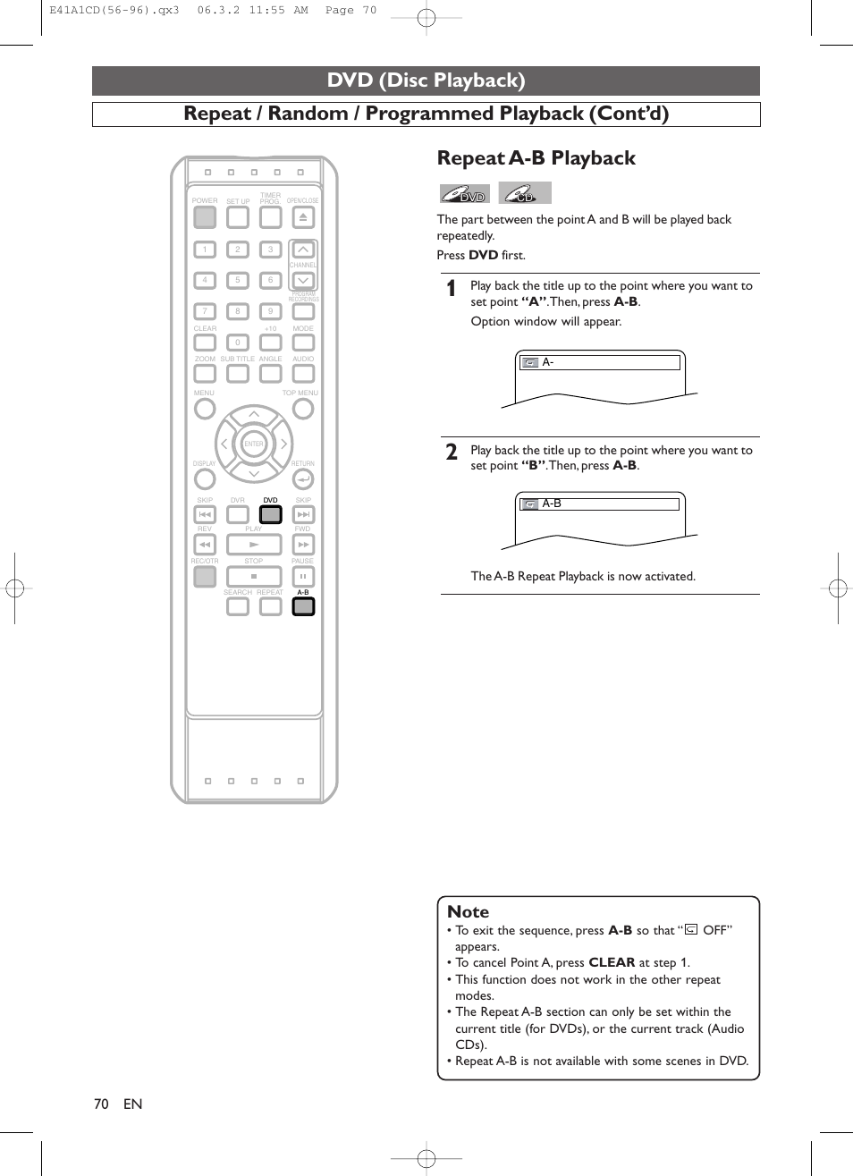 Dvd (disc playback), Repeat / random / programmed playback (cont’d), Repeat a-b playback | Symphonic CHSP80G User Manual | Page 70 / 96