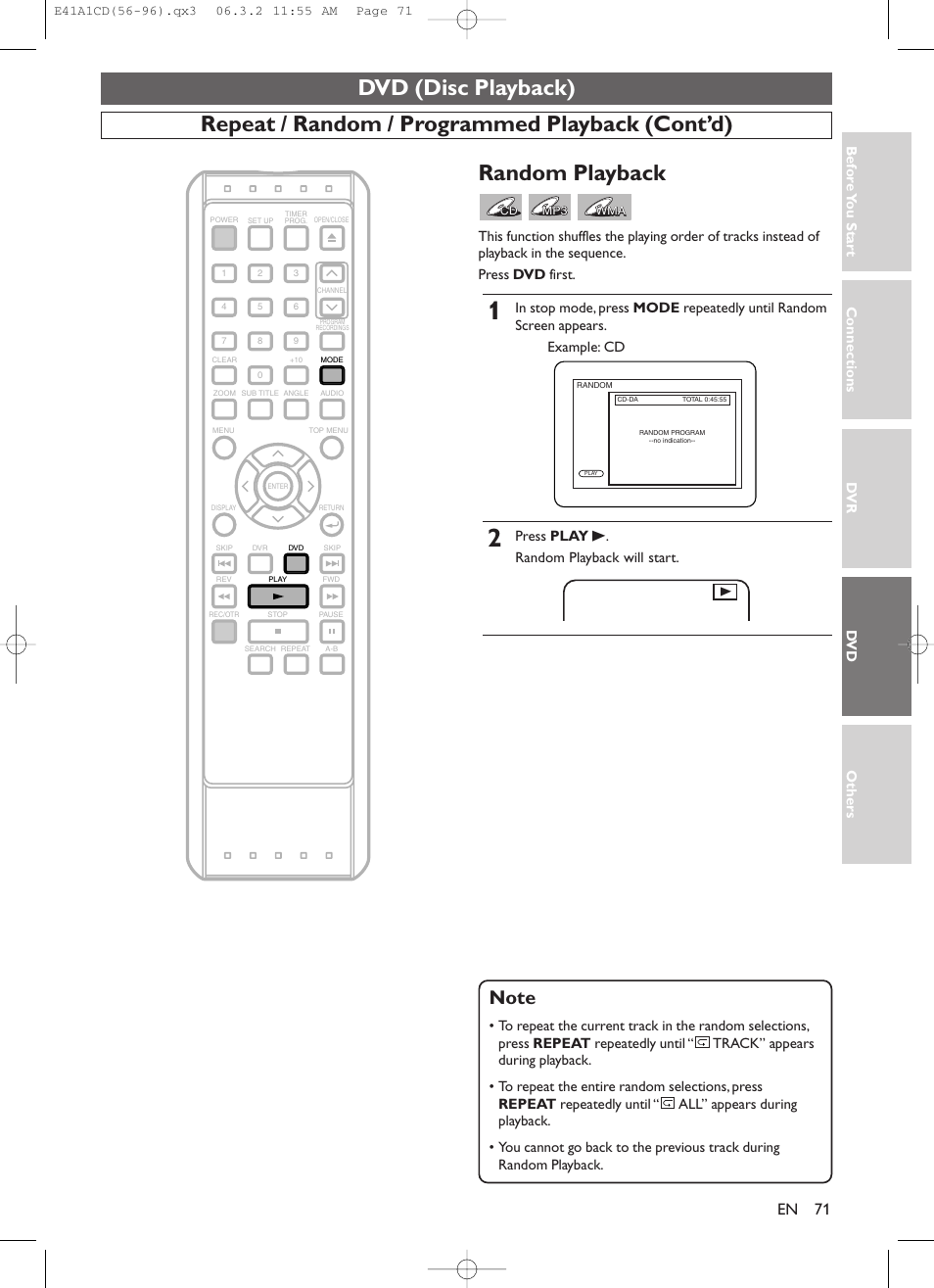 Dvd (disc playback), Repeat / random / programmed playback (cont’d), Random playback | Connections dv r dv d others bef o re y ou star t, Press play b. random playback will start | Symphonic CHSP80G User Manual | Page 71 / 96