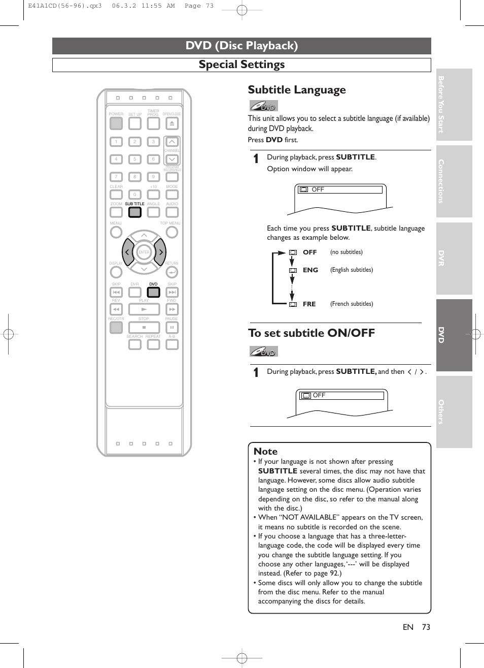Dvd (disc playback), Special settings, Subtitle language | Symphonic CHSP80G User Manual | Page 73 / 96