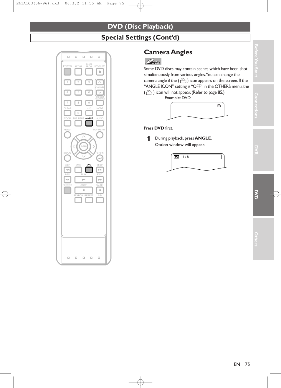 Dvd (disc playback), Special settings (cont’d), Camera angles | Connections dv r dv d others bef o re y ou star t, Example: dvd press dvd first | Symphonic CHSP80G User Manual | Page 75 / 96
