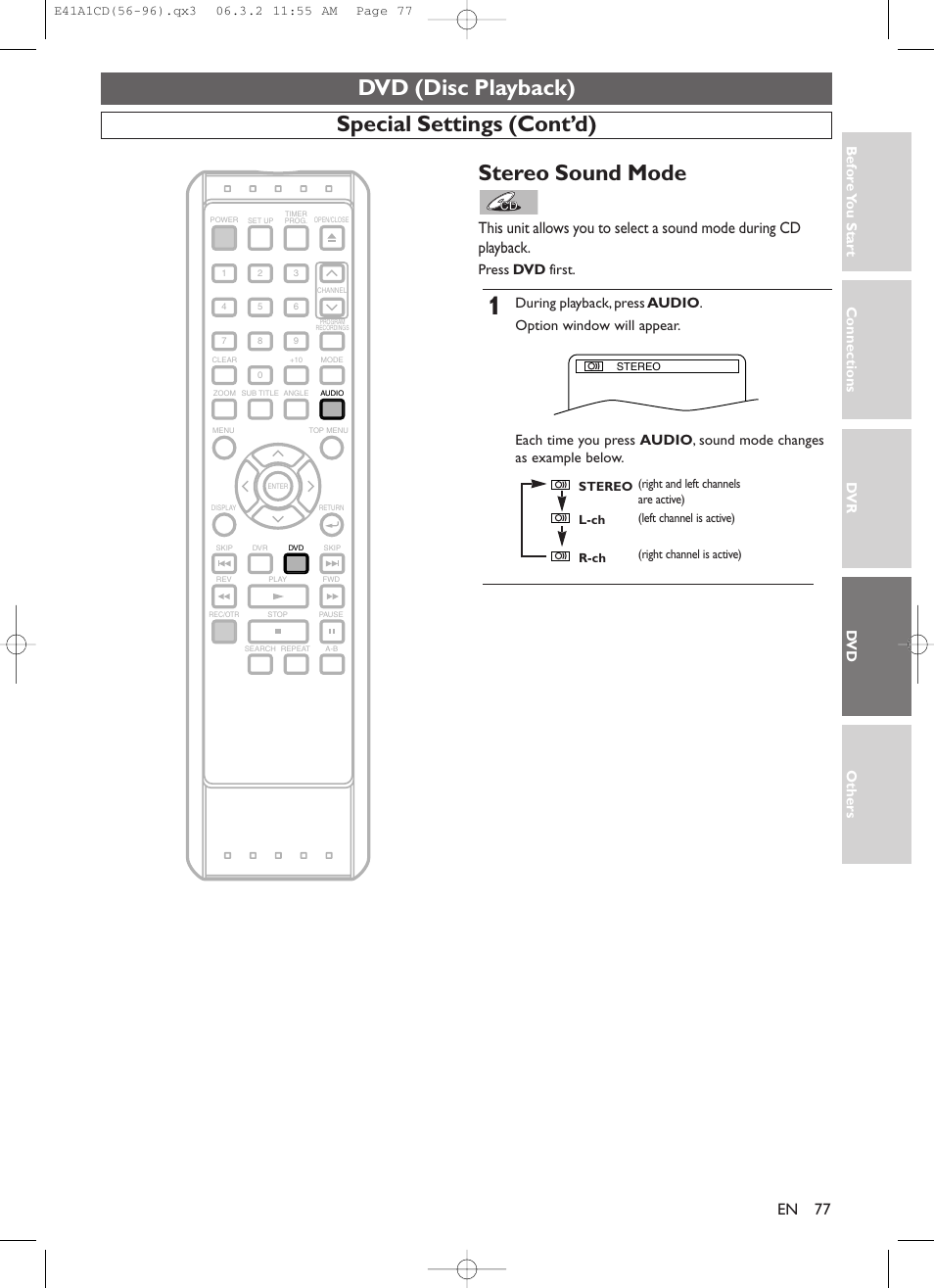 Dvd (disc playback), Special settings (cont’d), Stereo sound mode | Connections dv r dv d others bef o re y ou star t, Press dvd first | Symphonic CHSP80G User Manual | Page 77 / 96