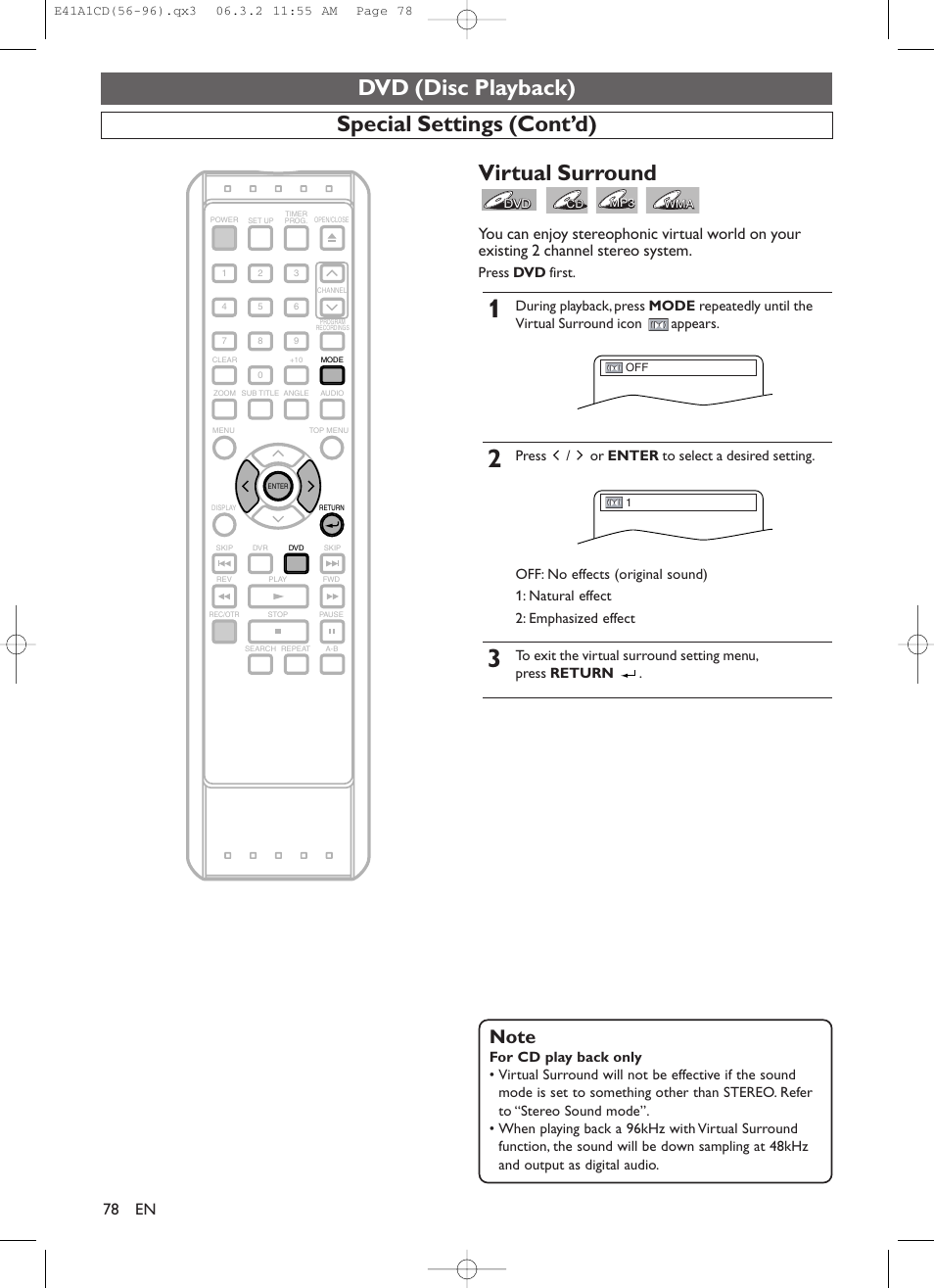 Dvd (disc playback), Special settings (cont’d), Virtual surround | Press dvd first | Symphonic CHSP80G User Manual | Page 78 / 96