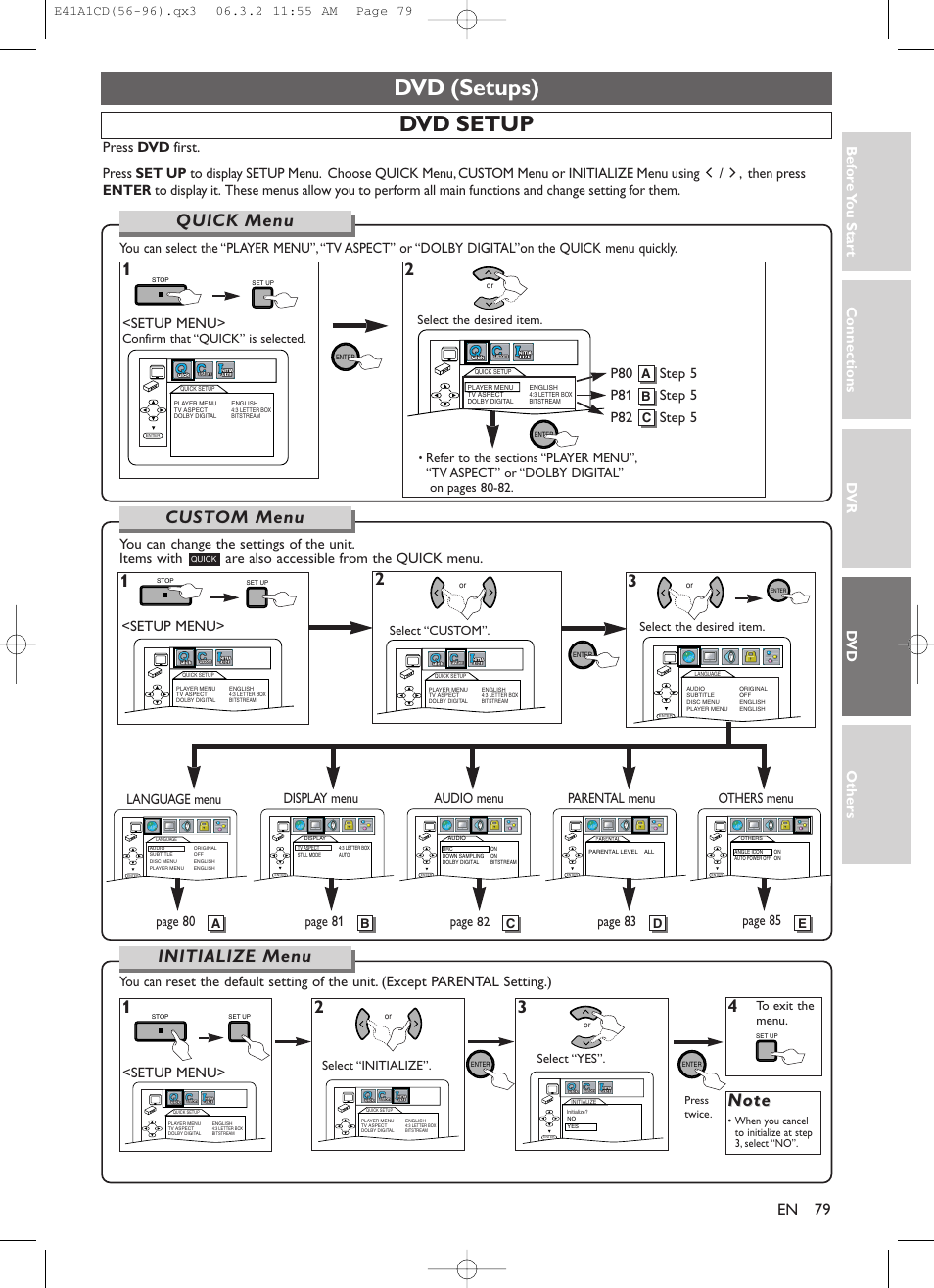 Dvd (setups), Dvd setup, Quick menu | Connections dv r dv d others bef o re y ou star t, Setup menu, Parental menu, Page 80, Page 8 1, Page, Page 85 page 83 | Symphonic CHSP80G User Manual | Page 79 / 96