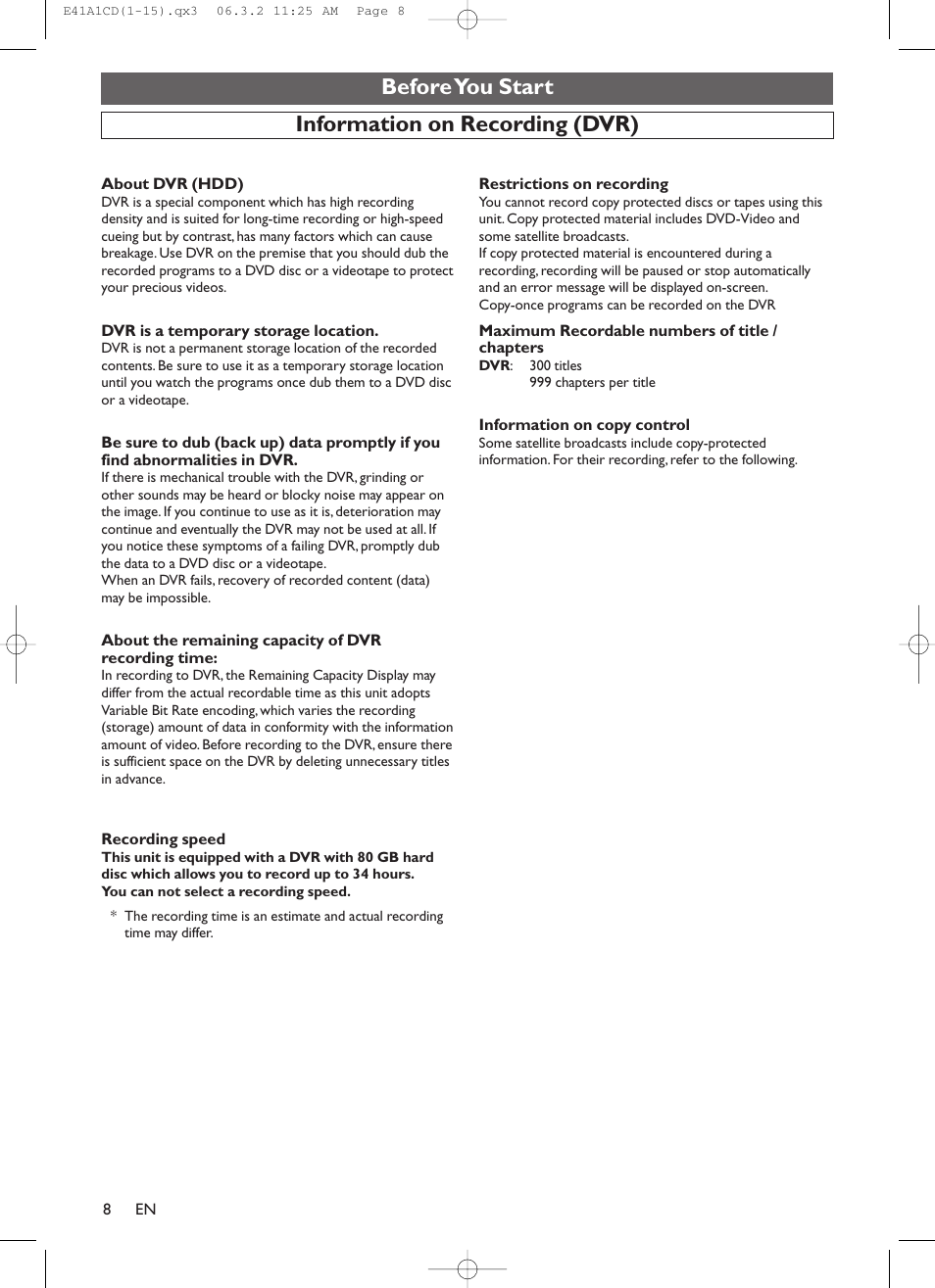 Information on recording (dvr), Before you start | Symphonic CHSP80G User Manual | Page 8 / 96