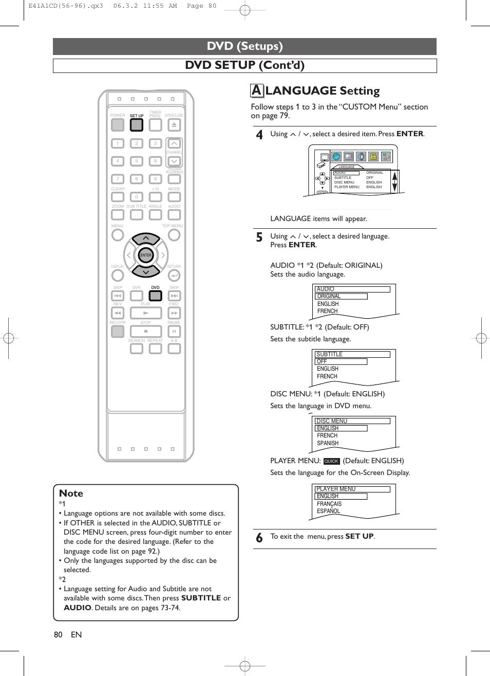 Dvd (setups), Dvd setup (cont’d) language setting | Symphonic CHSP80G User Manual | Page 80 / 96
