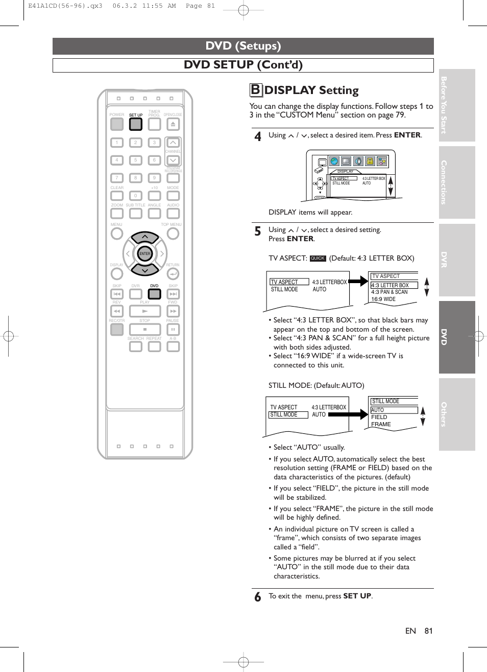 Dvd (setups), Dvd setup (cont’d), Display setting | Symphonic CHSP80G User Manual | Page 81 / 96