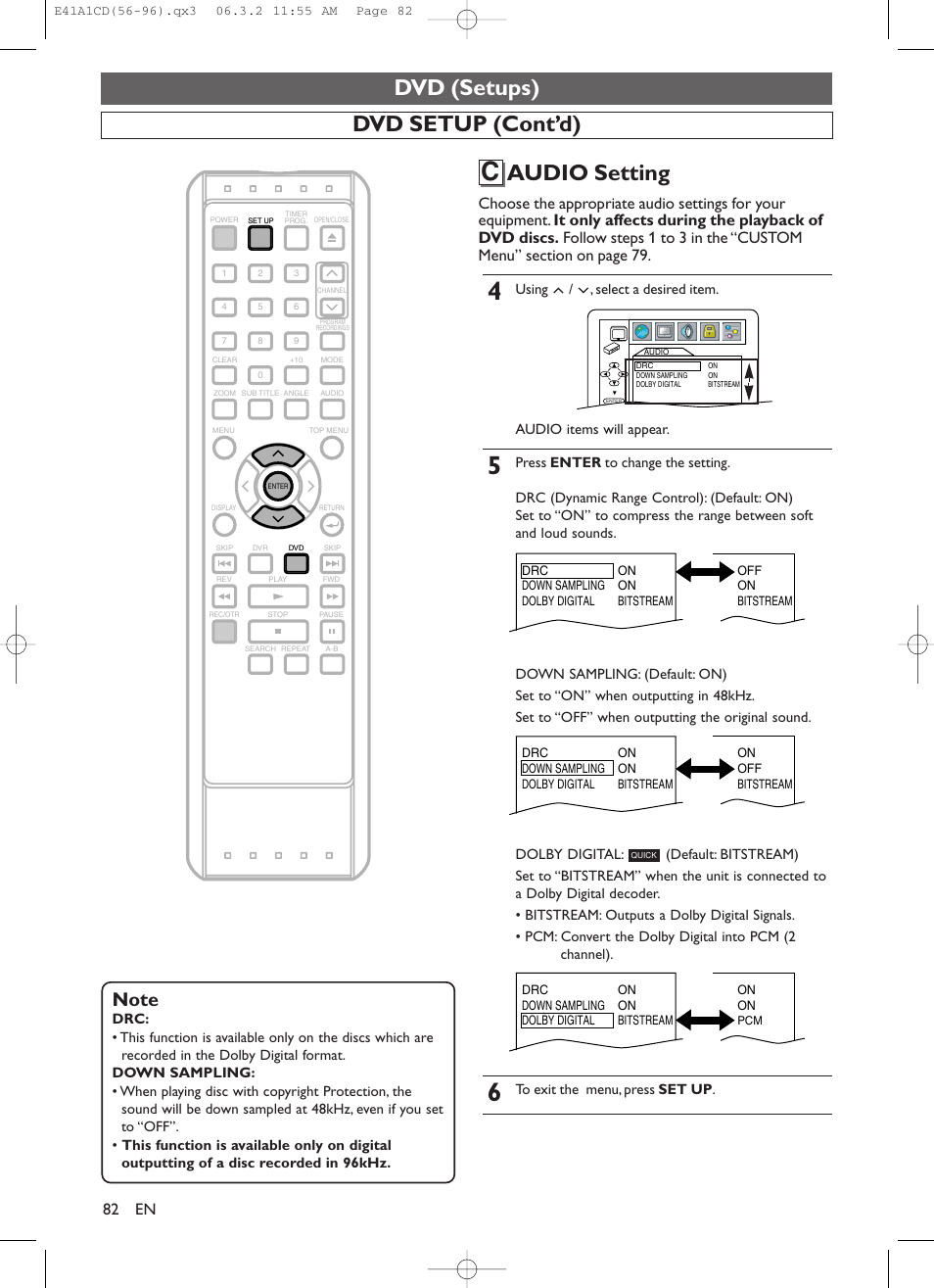 Dvd (setups), Dvd setup (cont’d) audio setting | Symphonic CHSP80G User Manual | Page 82 / 96