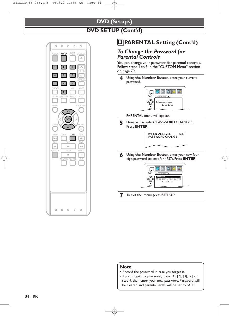 Dvd (setups), Using / , select “password change”. press enter | Symphonic CHSP80G User Manual | Page 84 / 96