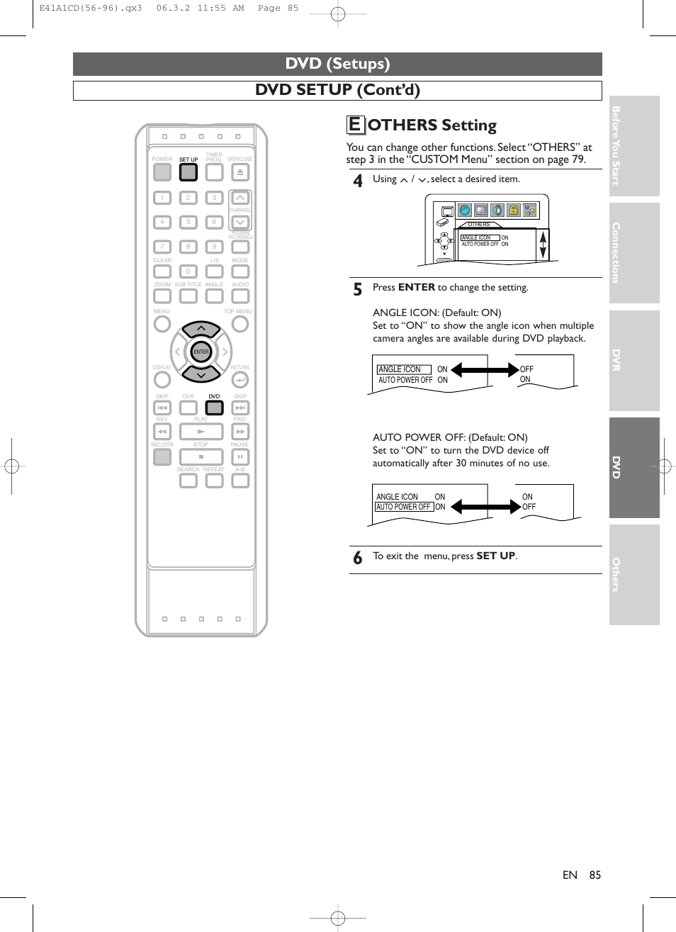 Dvd (setups), Dvd setup (cont’d) others setting, Connections dv r dv d others bef o re y ou star t | Using / , select a desired item | Symphonic CHSP80G User Manual | Page 85 / 96