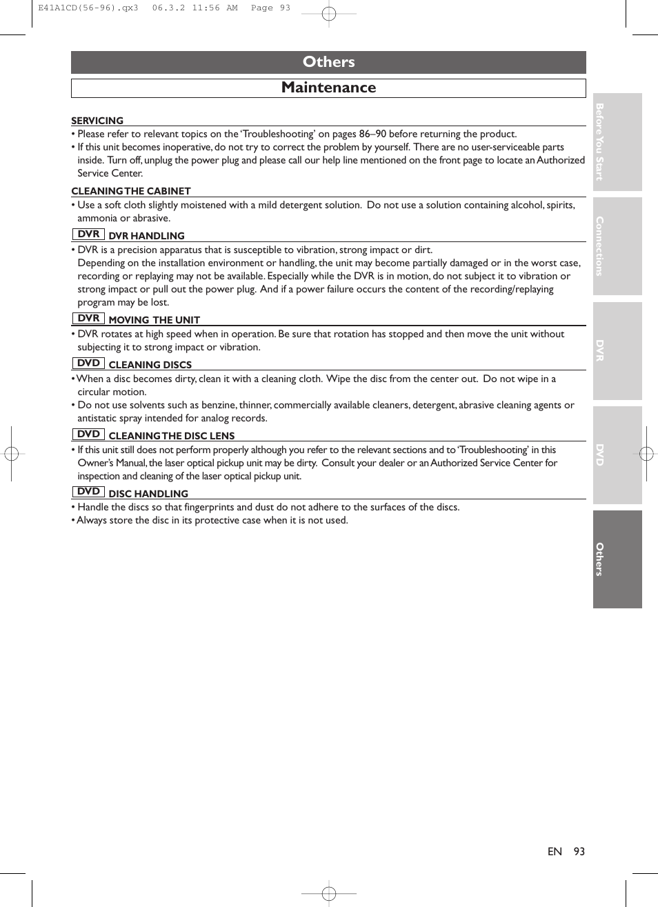 Others, Maintenance | Symphonic CHSP80G User Manual | Page 93 / 96
