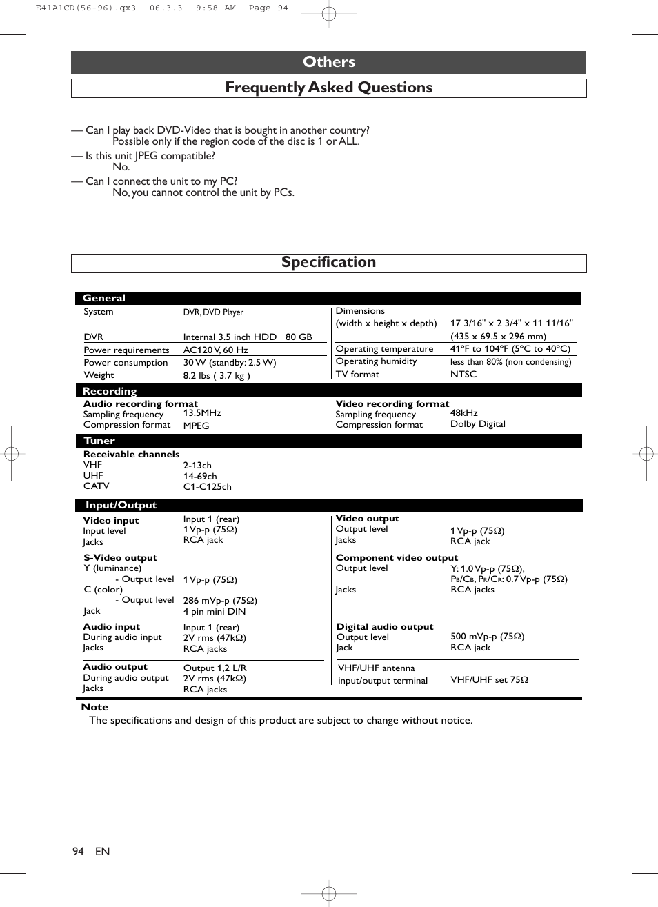 Others, Frequently asked questions specification | Symphonic CHSP80G User Manual | Page 94 / 96
