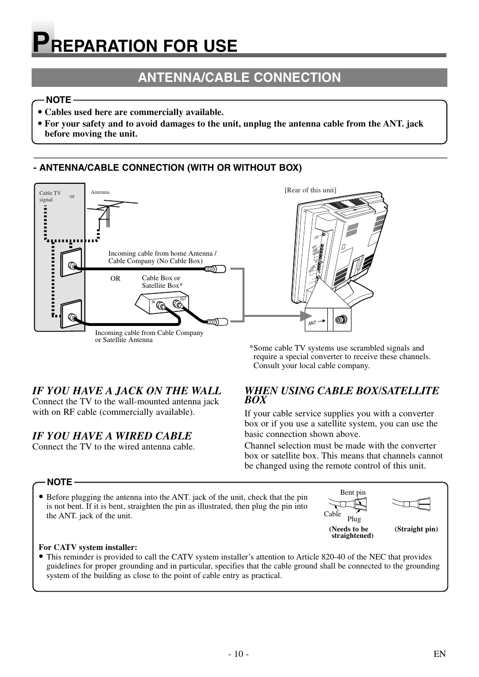 Reparation for use, Antenna/cable connection, If you have a jack on the wall | If you have a wired cable, When using cable box/satellite box | Symphonic STL20D5 User Manual | Page 10 / 48