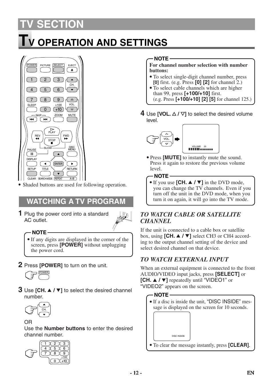 V operation and settings, Watching a tv program | Symphonic STL20D5 User Manual | Page 12 / 48