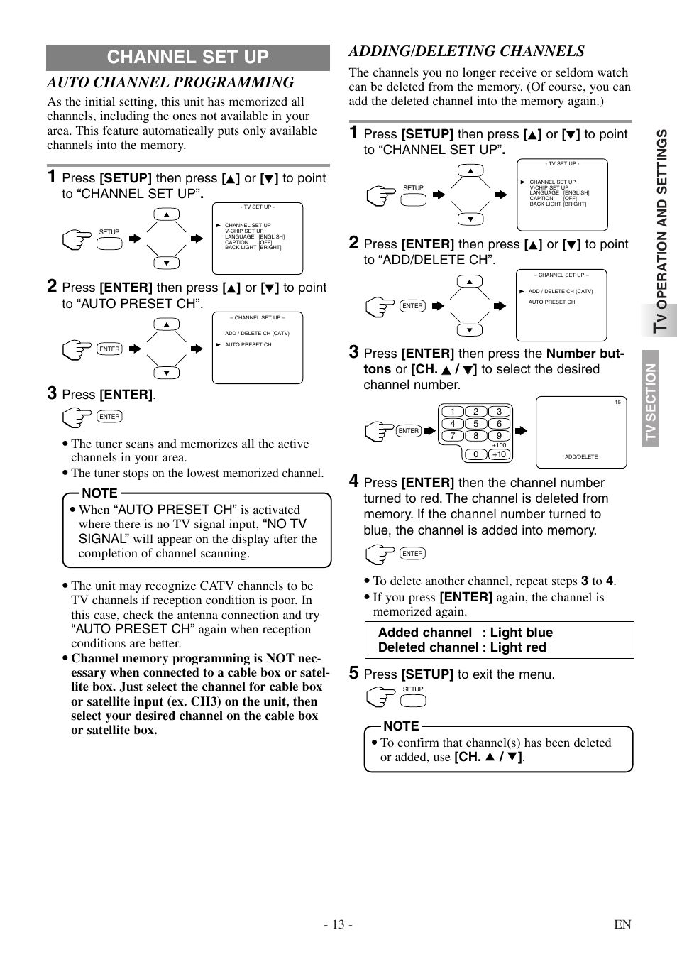 Channel set up, Auto channel programming, Adding/deleting channels | Symphonic STL20D5 User Manual | Page 13 / 48