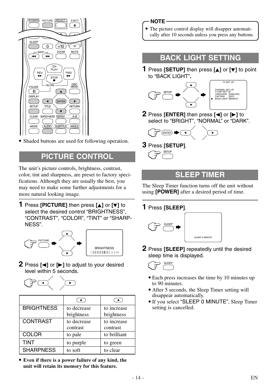 Picture control, Sleep timer, Back light setting | Symphonic STL20D5 User Manual | Page 14 / 48