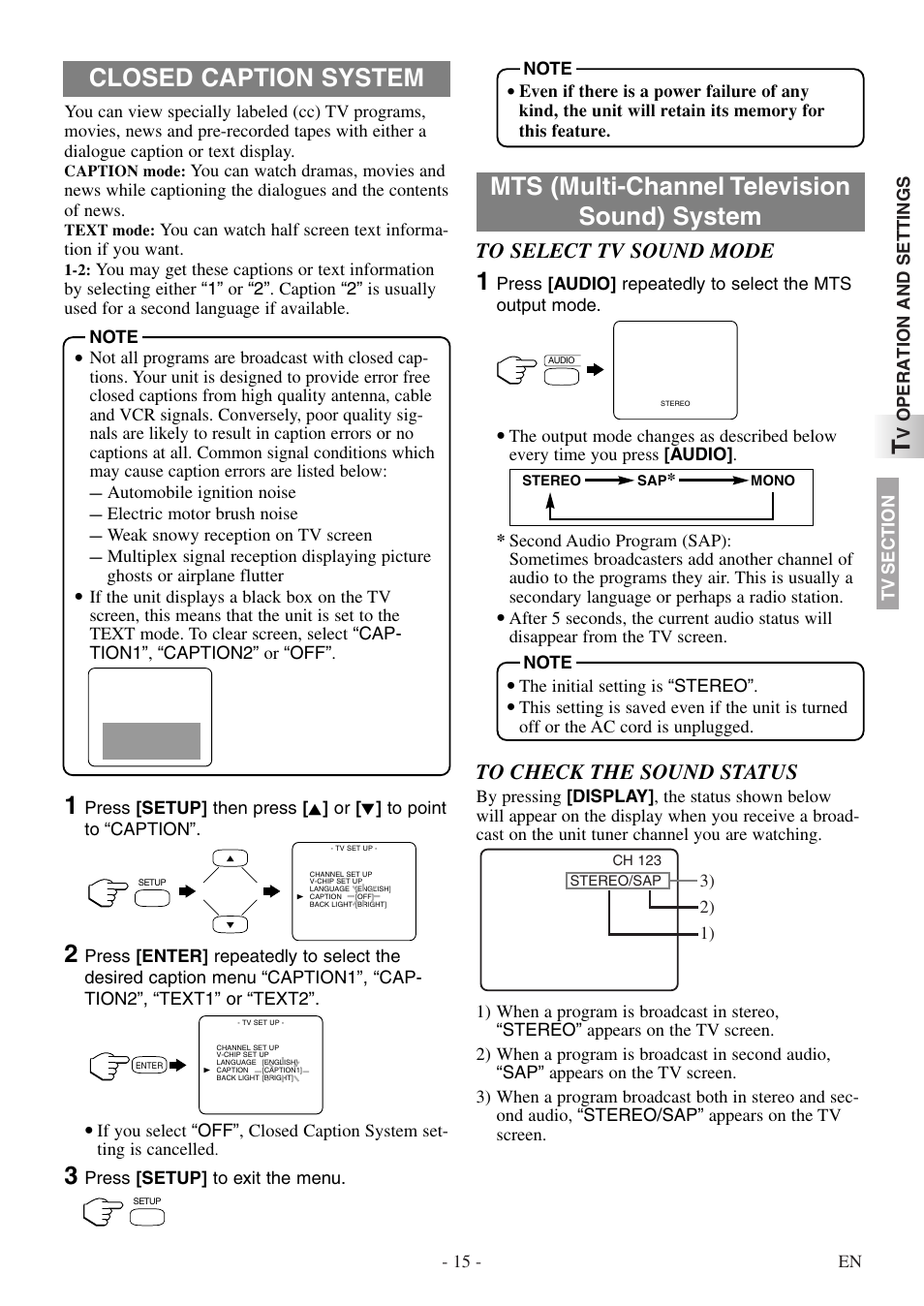 Closed caption system, Mts (multi-channel television sound) system | Symphonic STL20D5 User Manual | Page 15 / 48