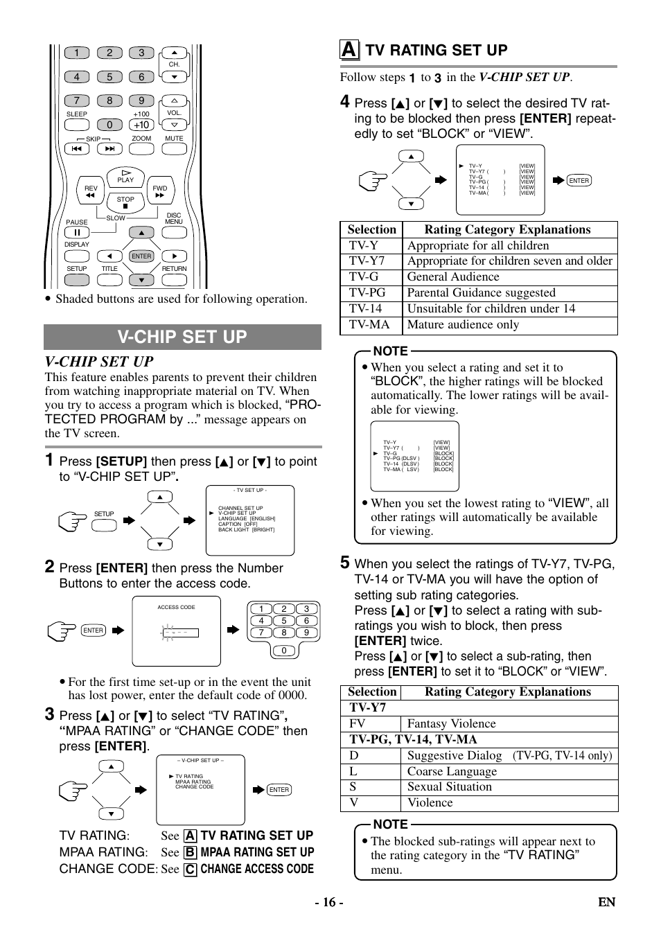 V-chip set up, Tv rating set up, Shaded buttons are used for following operation | Follow steps 1 to 3 in the v-chip set up, A b c, 16 - en | Symphonic STL20D5 User Manual | Page 16 / 48