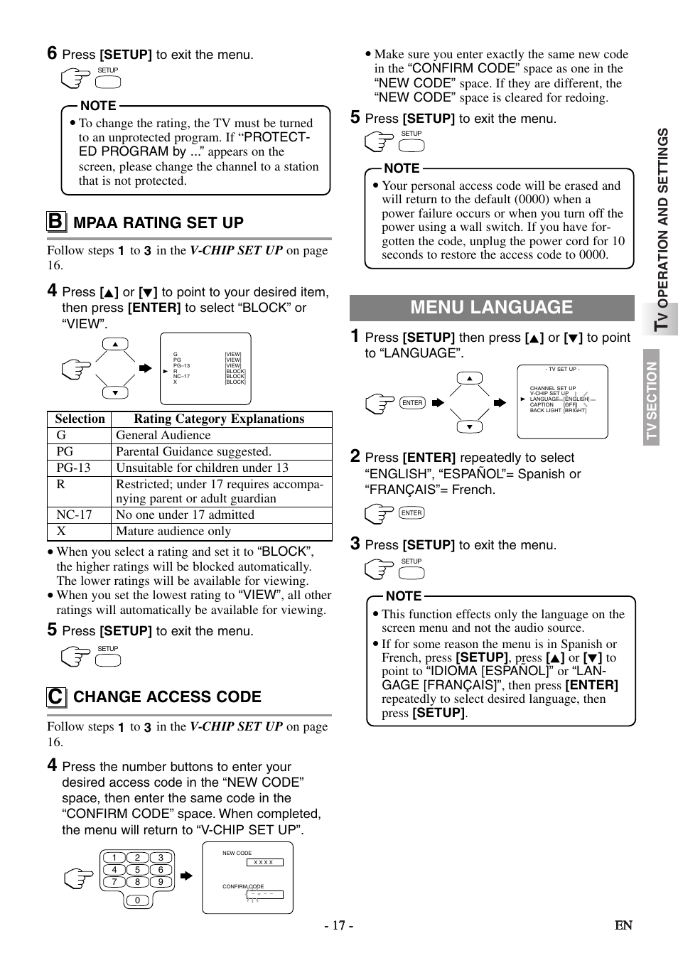 Menu language, Mpaa rating set up, Change access code | Symphonic STL20D5 User Manual | Page 17 / 48