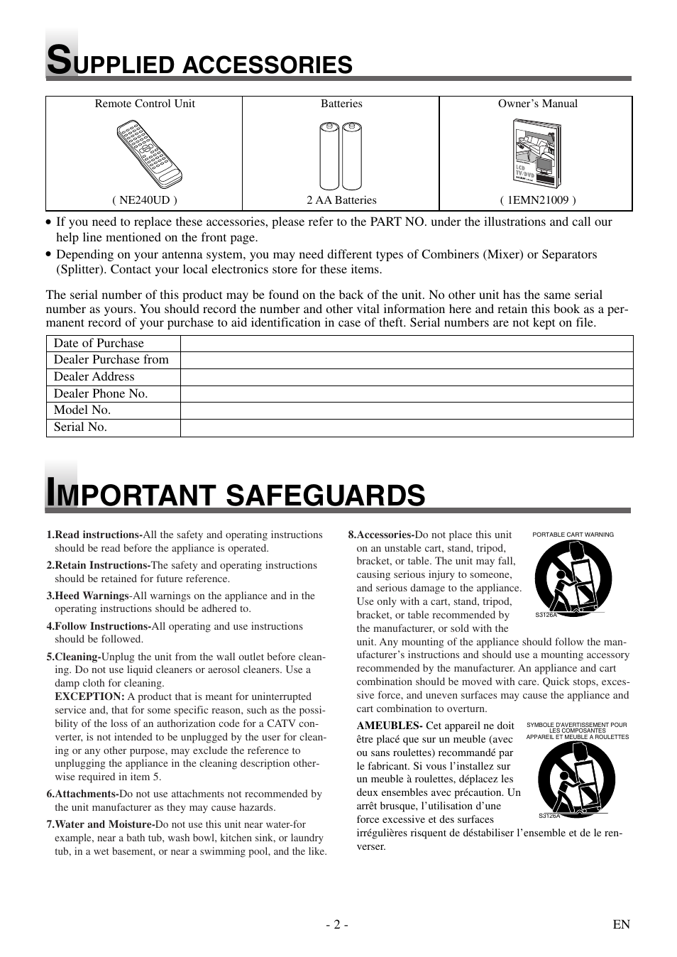 Mportant safeguards, Upplied accessories | Symphonic STL20D5 User Manual | Page 2 / 48