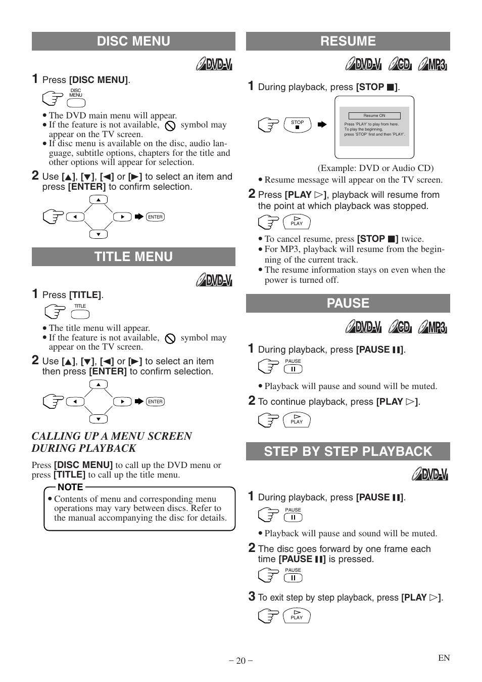 Resume pause, Title menu disc menu, Step by step playback | Symphonic STL20D5 User Manual | Page 20 / 48