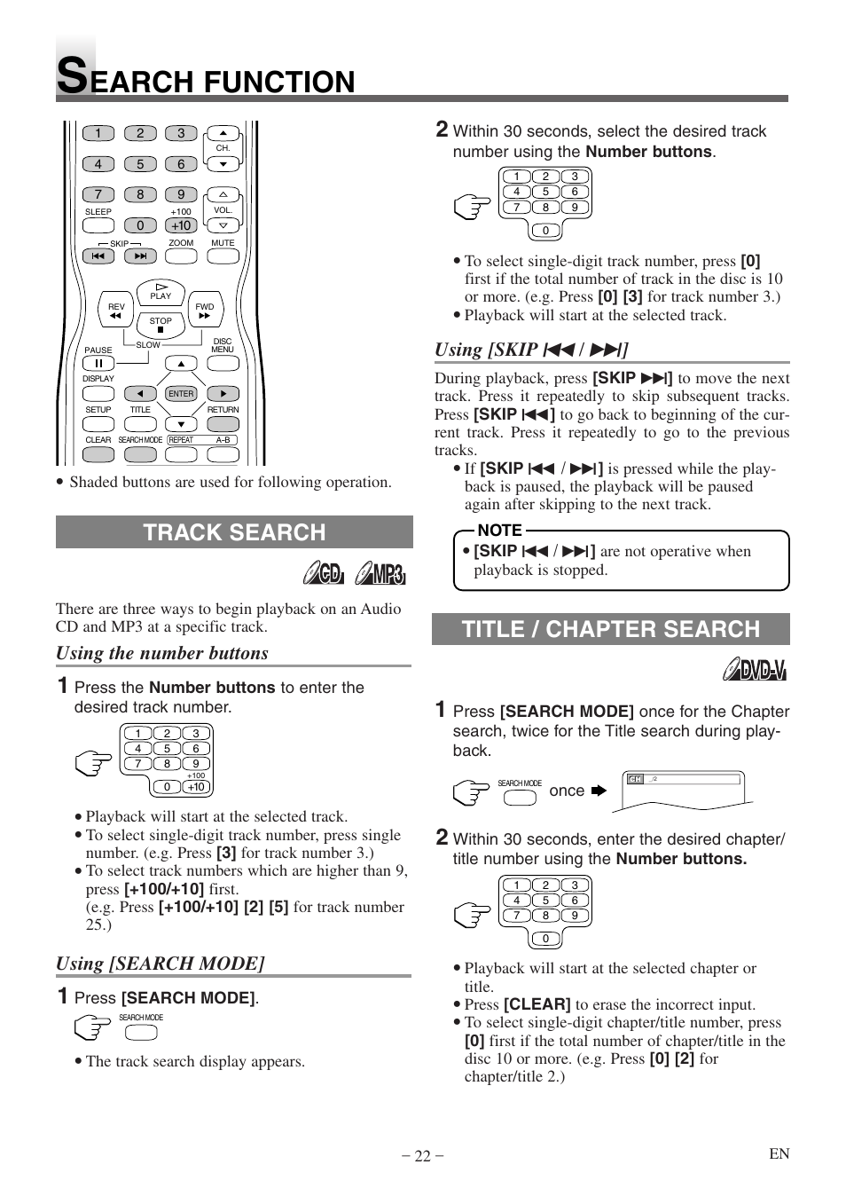 Earch function, Track search title / chapter search, Using the number buttons | Using [search mode, Using [skip h / g | Symphonic STL20D5 User Manual | Page 22 / 48