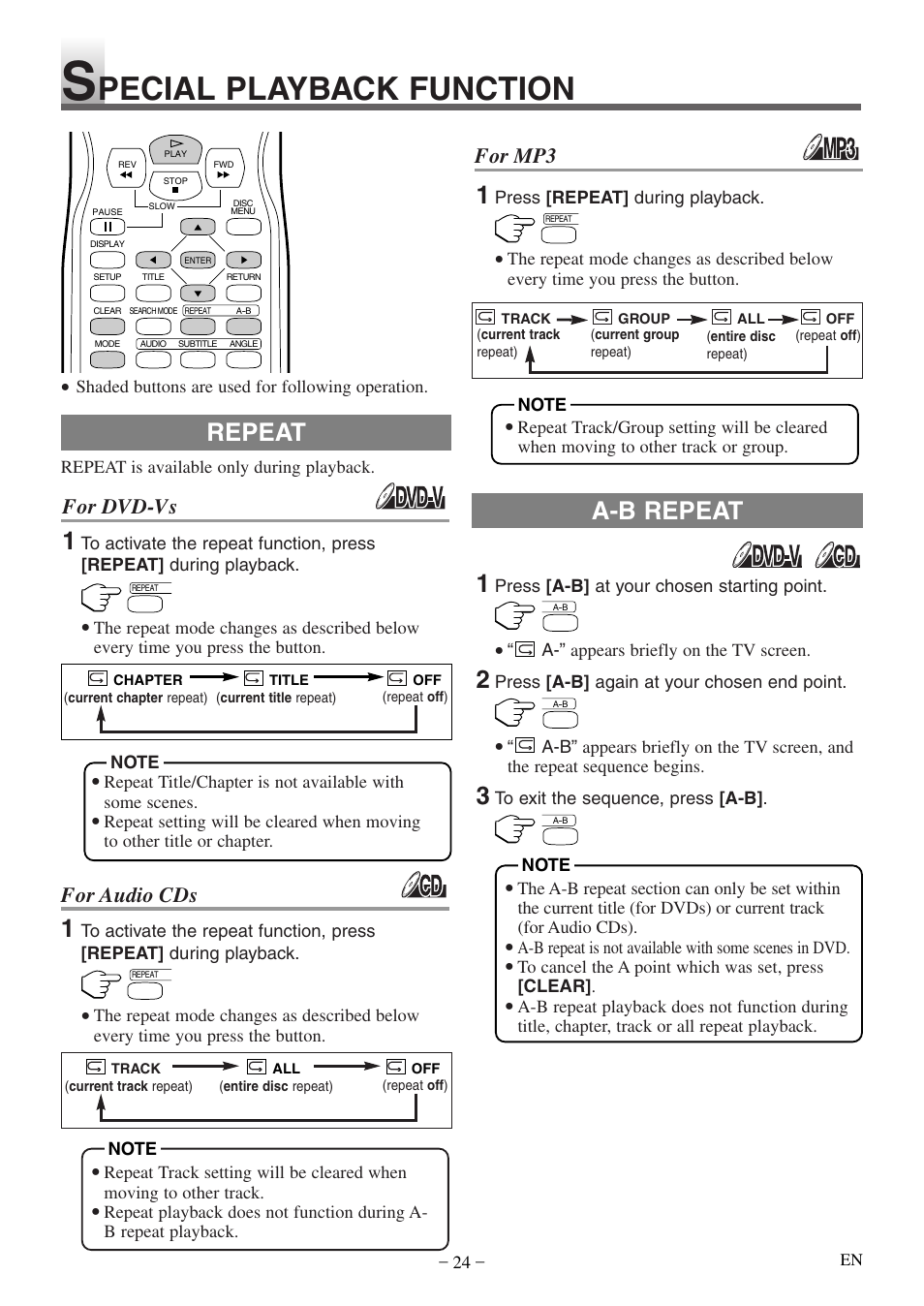 Pecial playback function, Repeat a-b repeat, For dvd-vs | For audio cds, For mp3 | Symphonic STL20D5 User Manual | Page 24 / 48