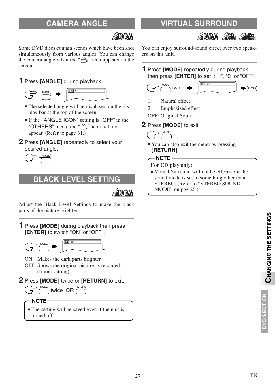 Virtual surround, Black level setting, Camera angle | Symphonic STL20D5 User Manual | Page 27 / 48