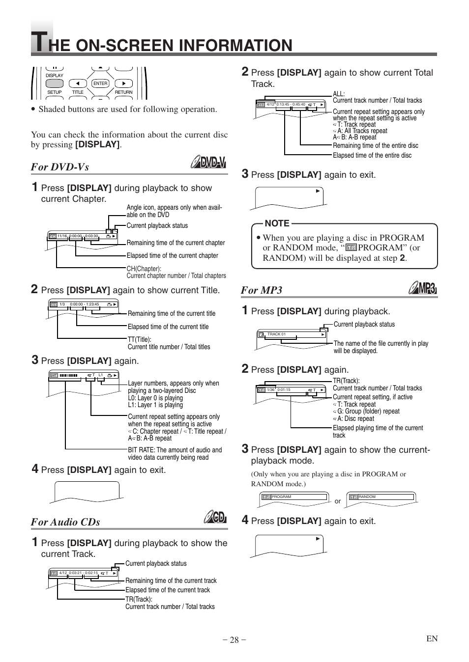 He on-screen information, For dvd-vs, For audio cds | For mp3 | Symphonic STL20D5 User Manual | Page 28 / 48