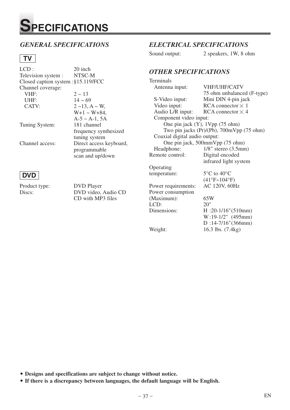 Pecifications | Symphonic STL20D5 User Manual | Page 37 / 48