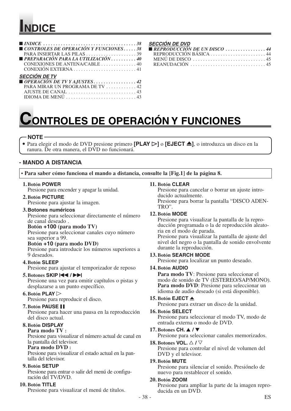 Ontroles de operación y funciones, Ndice | Symphonic STL20D5 User Manual | Page 38 / 48